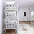 Modern white bunk bed with crisp white bedding in a bright minimalist kids' bedroom with herringbone wood floor, neutral geometric rug, white dresser and curtained window