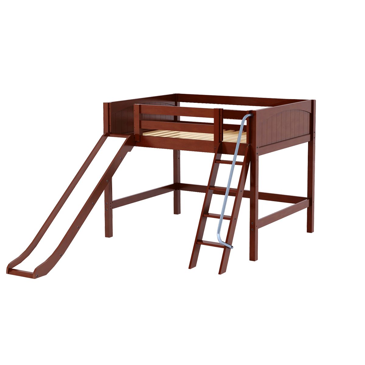 Wooden loft bed with ladder and slide for kids' room.