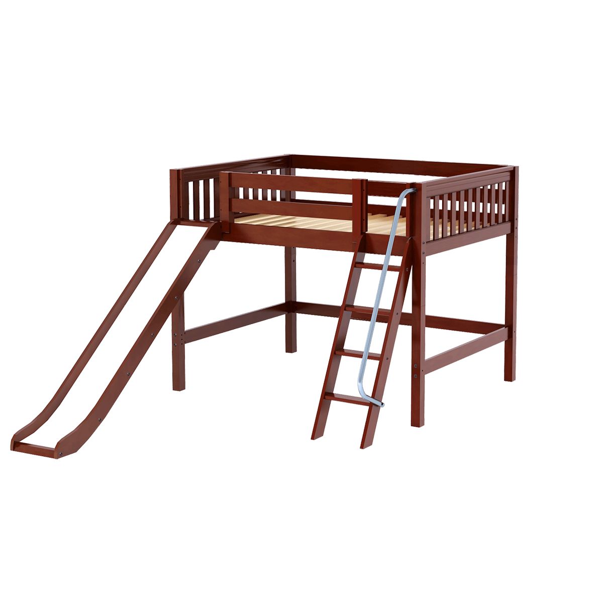 Wooden loft bed with slide and ladder for kids' bedroom play area.