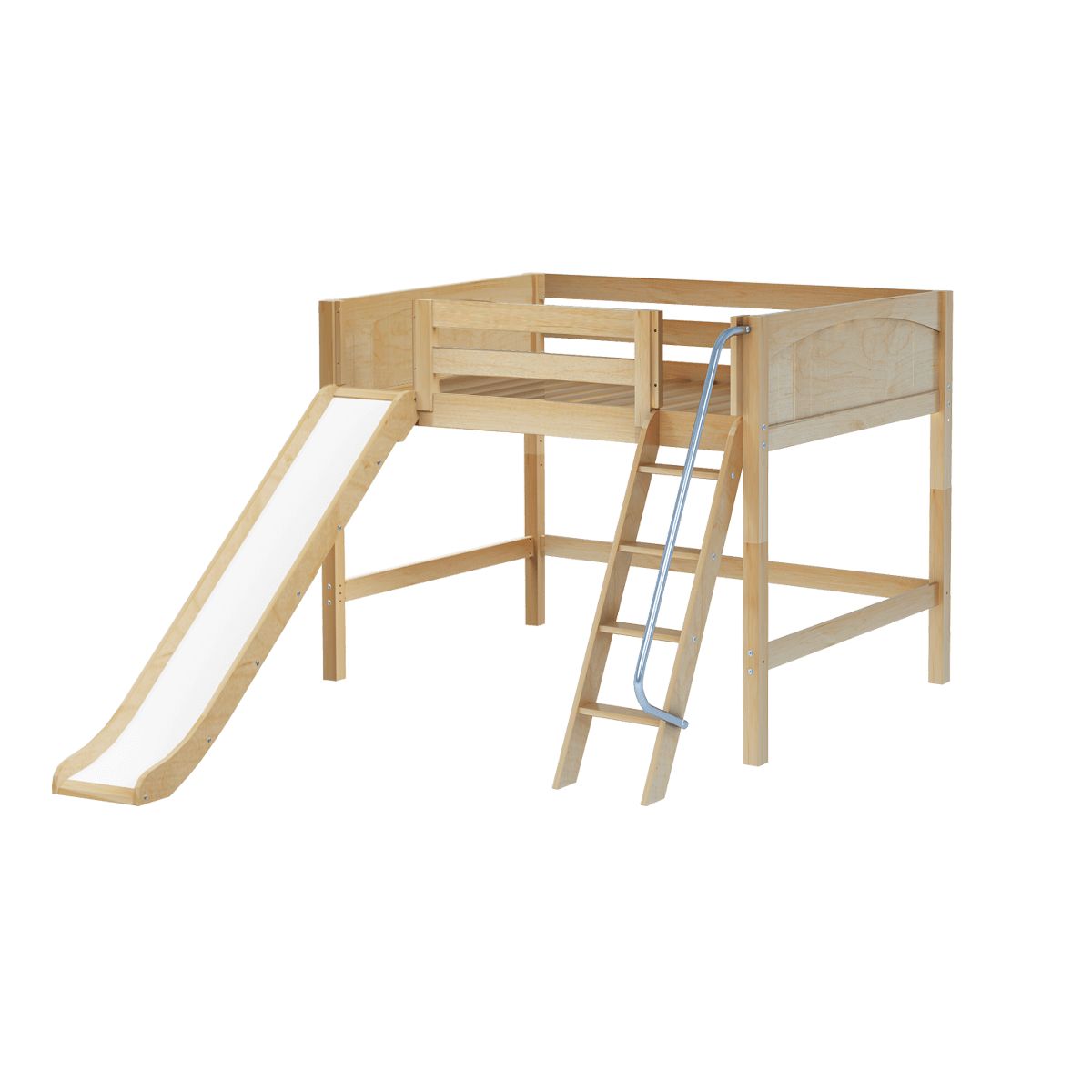 Children's wooden loft bed with slide and ladder, designed for a fun and functional kids' bedroom.
