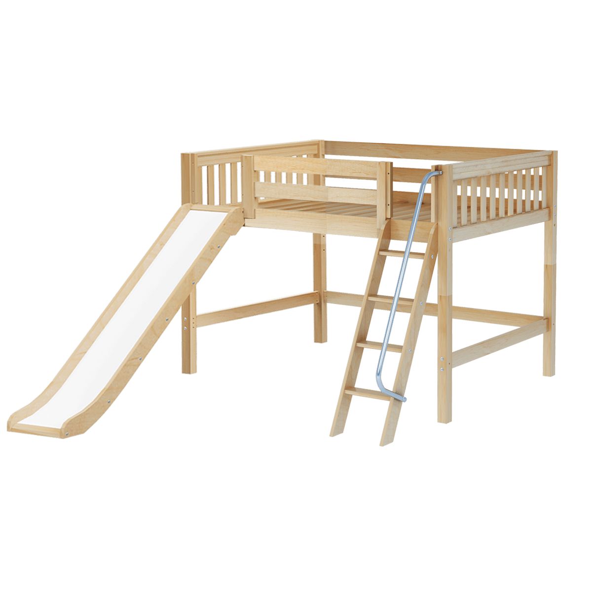 Children's wooden loft bed with slide and ladder for bedroom play area.