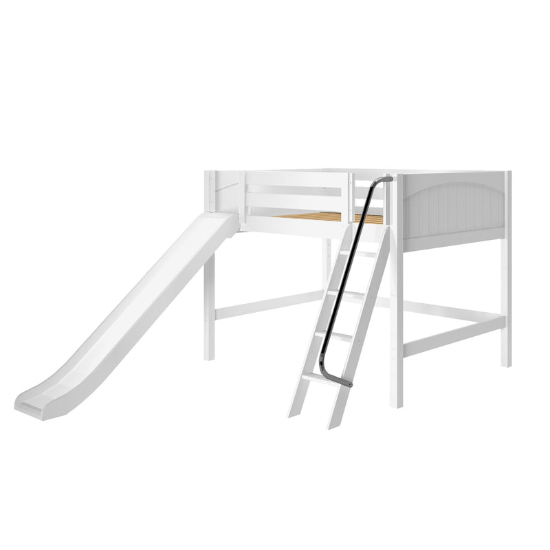 White wooden kids loft bed with slide and ladder, raised platform bed with safety rails and curved headboard for children's bedroom