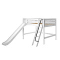 White wooden kids loft bed with slide and angled ladder, safety guardrails and slatted mattress platform