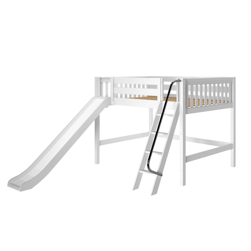 White wooden kids loft bed with slide and angled ladder, safety guardrails and slatted mattress platform