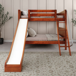 Wooden bunk bed with slide and ladder in cozy bedroom setting.