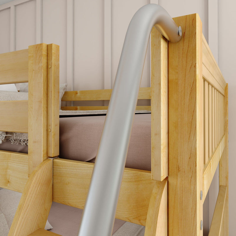 Wooden bunk bed with metal slide in a cozy bedroom setting.