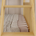 Wooden bunk bed with beige mattress and textured blanket, ideal for small space interior design.