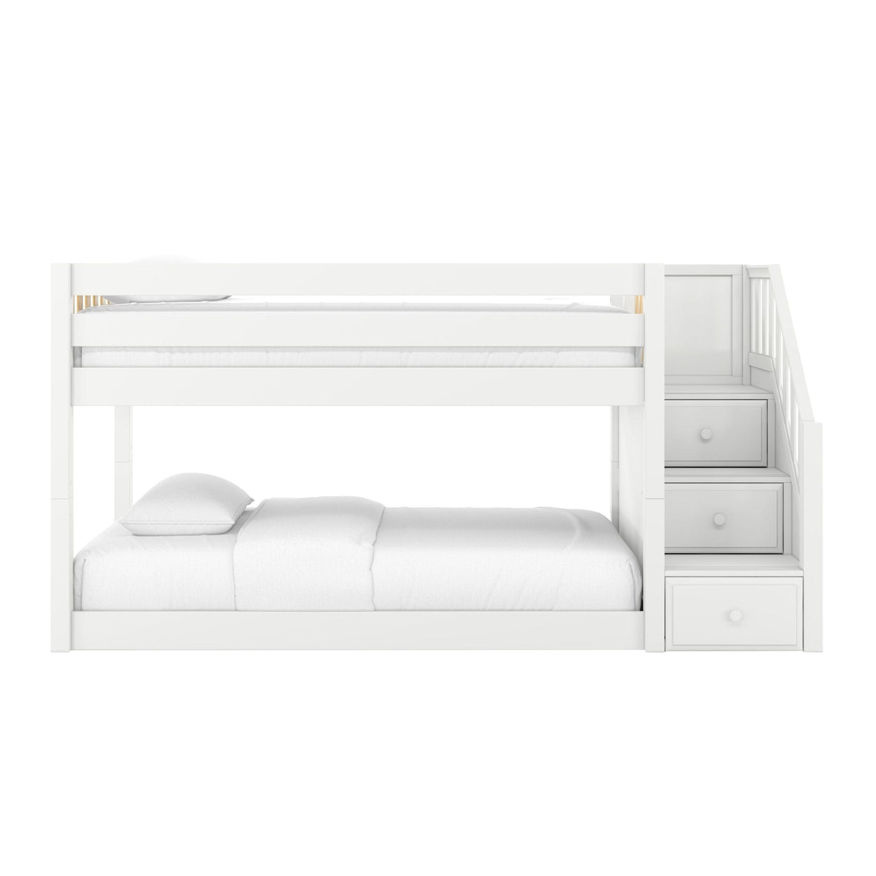 White wooden full-over-twin bunk bed with built-in staircase and drawers, modern kids bedroom furniture