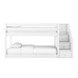White wooden full-over-twin bunk bed with built-in staircase and drawers, modern kids bedroom furniture