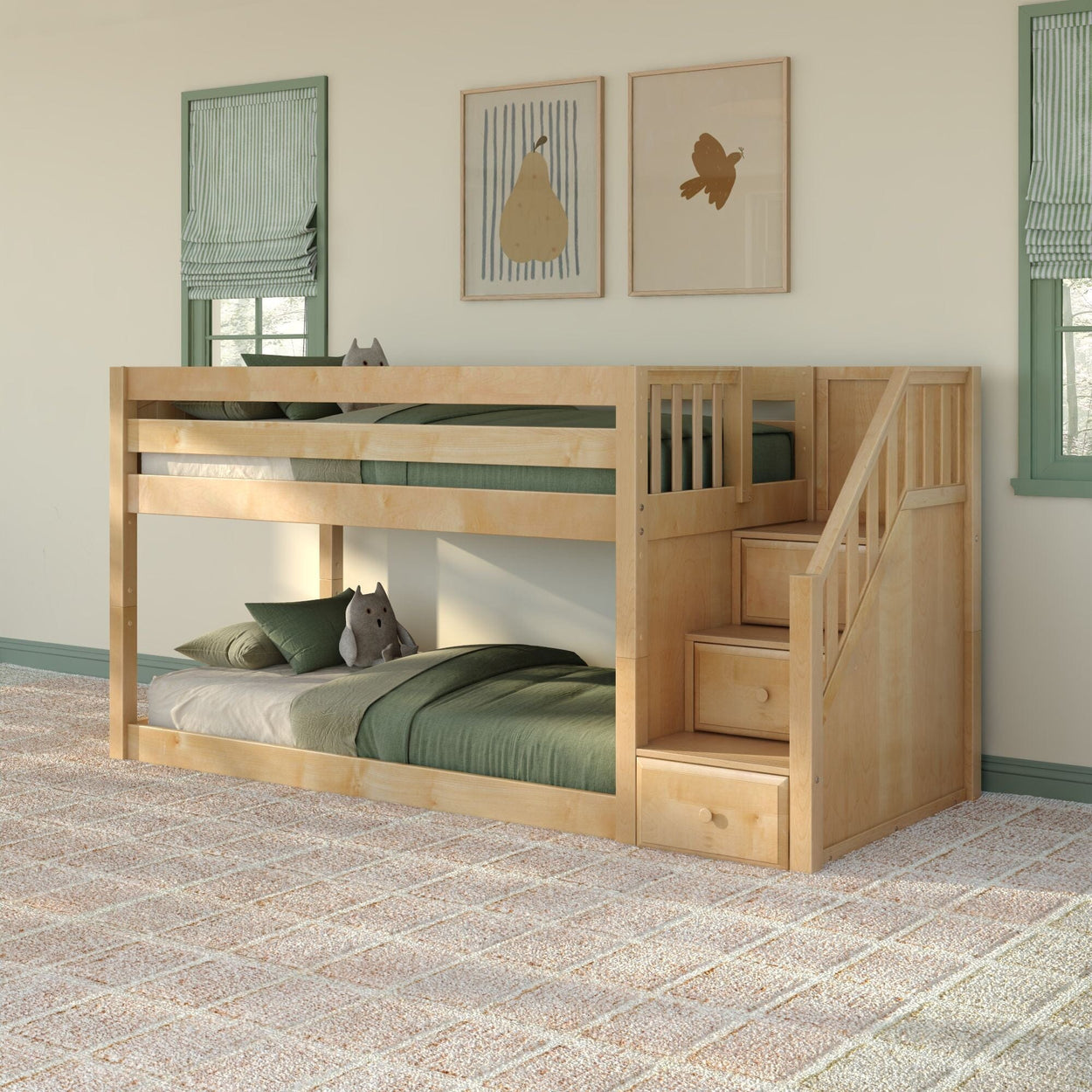 Light maple twin bunk bed with built-in storage stairs and green bedding in a space-saving kids' bedroom