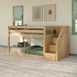 Light maple twin bunk bed with built-in storage stairs and green bedding in a space-saving kids' bedroom