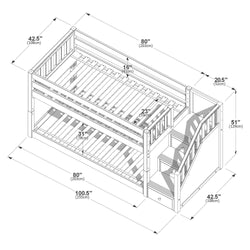Twin over full wooden bunk bed with built-in staircase and storage drawers, isometric assembly diagram with dimensions (100.5 in / 255 cm length, 80 in / 203 cm mattress length, 42.5 in / 108 cm width, 51 in / 129 cm height), space-saving kids bedroom loft bed schematic