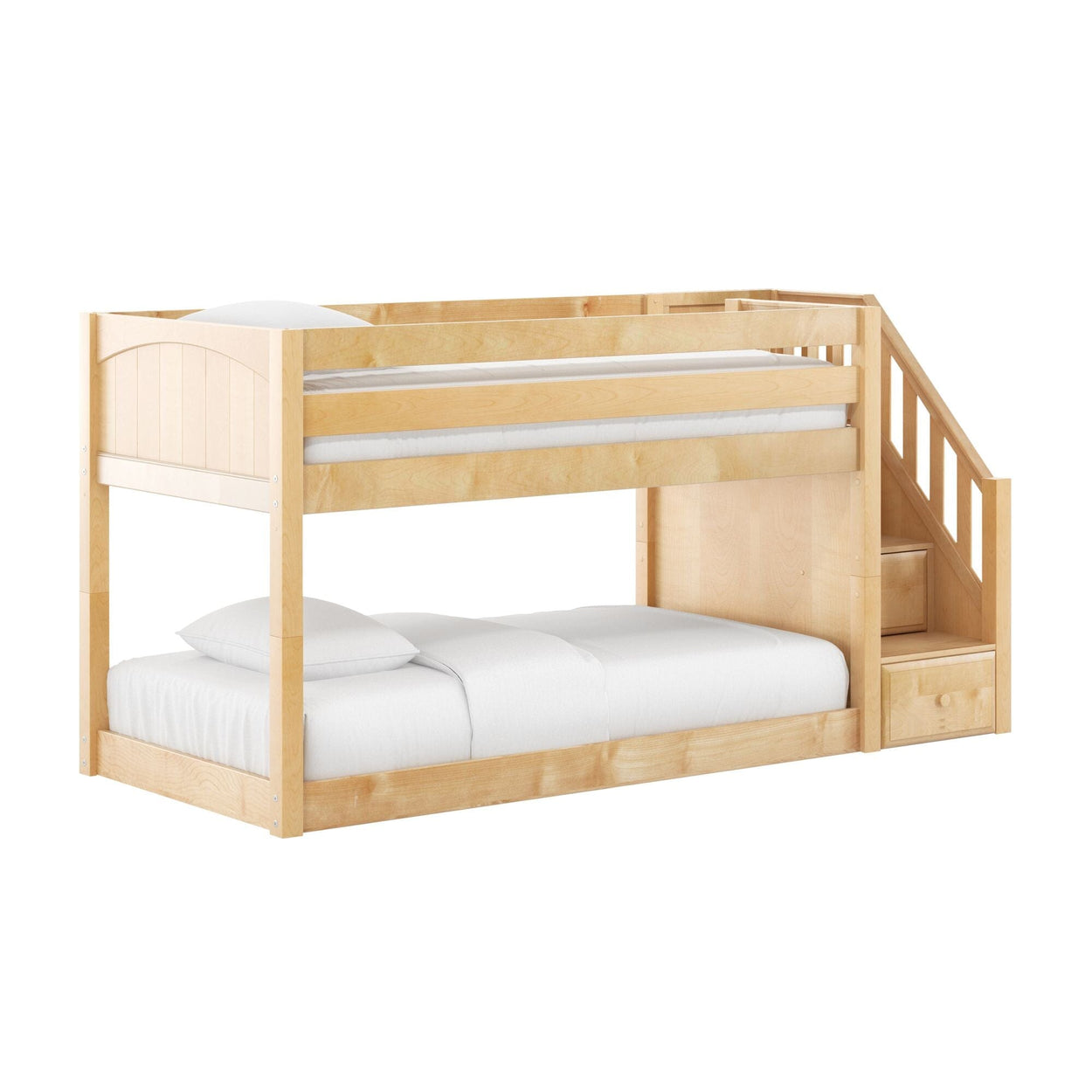 Children's natural maple twin-over-full loft bunk bed with built-in staircase and under-stair storage drawers, white bedding and safety rails