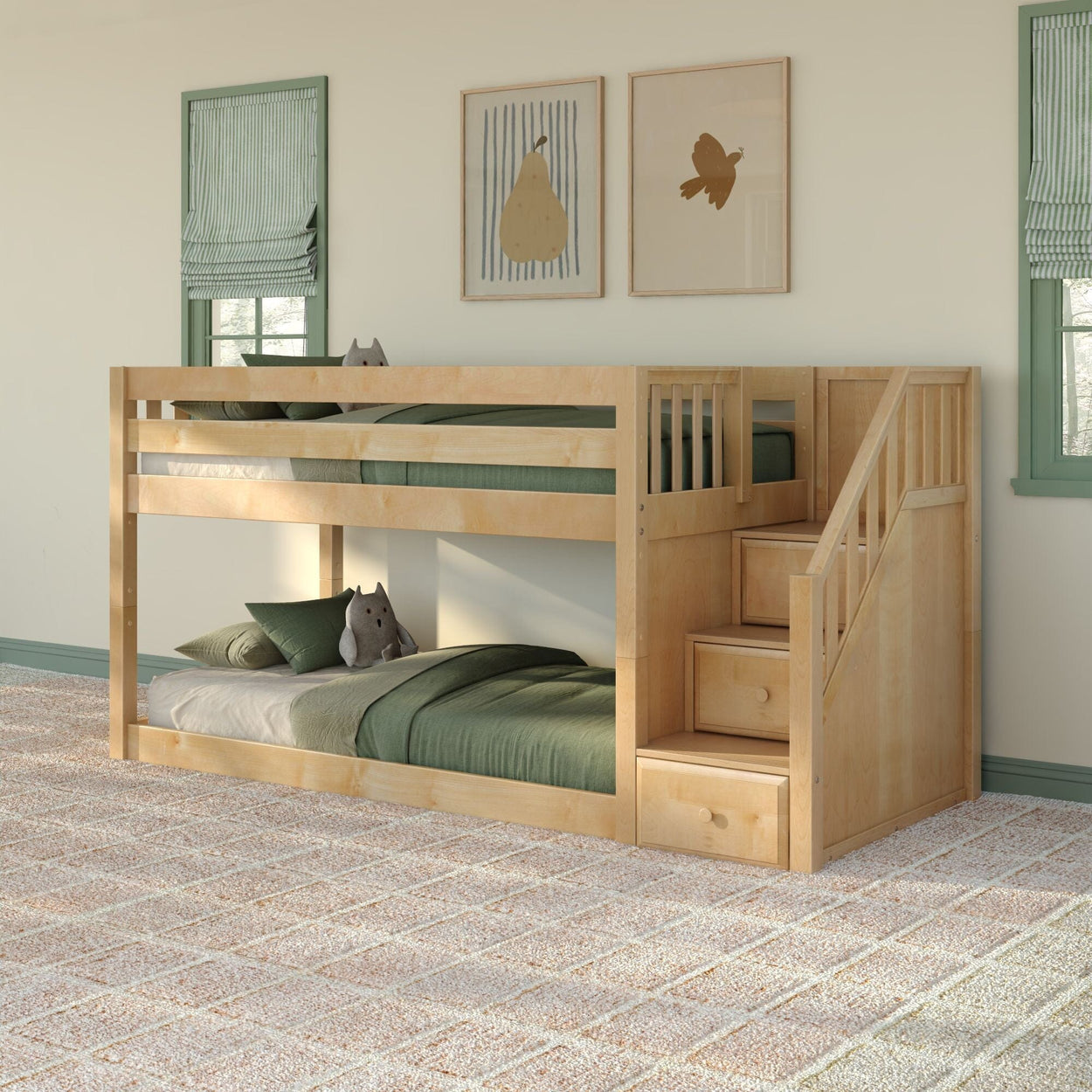 Light maple twin-over-twin bunk bed with built-in storage stairs, green linens and plush toy in a kids' bedroom with green-trimmed windows, framed wall art and neutral patterned carpet