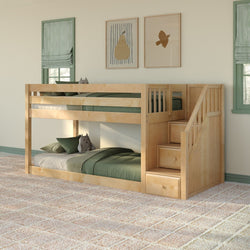 Light maple twin-over-twin bunk bed with built-in storage stairs, green linens and plush toy in a kids' bedroom with green-trimmed windows, framed wall art and neutral patterned carpet