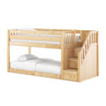 Natural light wood twin-over-full bunk bed with built-in staircase and under-stair storage drawers, white bedding, modern kids bedroom furniture