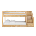 Solid wood twin-over-full bunk bed with built-in staircase and storage drawers, natural maple finish and white bedding — space-saving kids' bedroom furniture