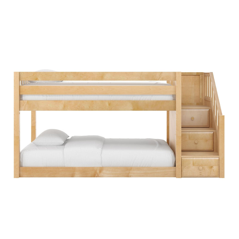Solid wood twin-over-full bunk bed with built-in staircase and storage drawers, natural maple finish and white bedding — space-saving kids' bedroom furniture