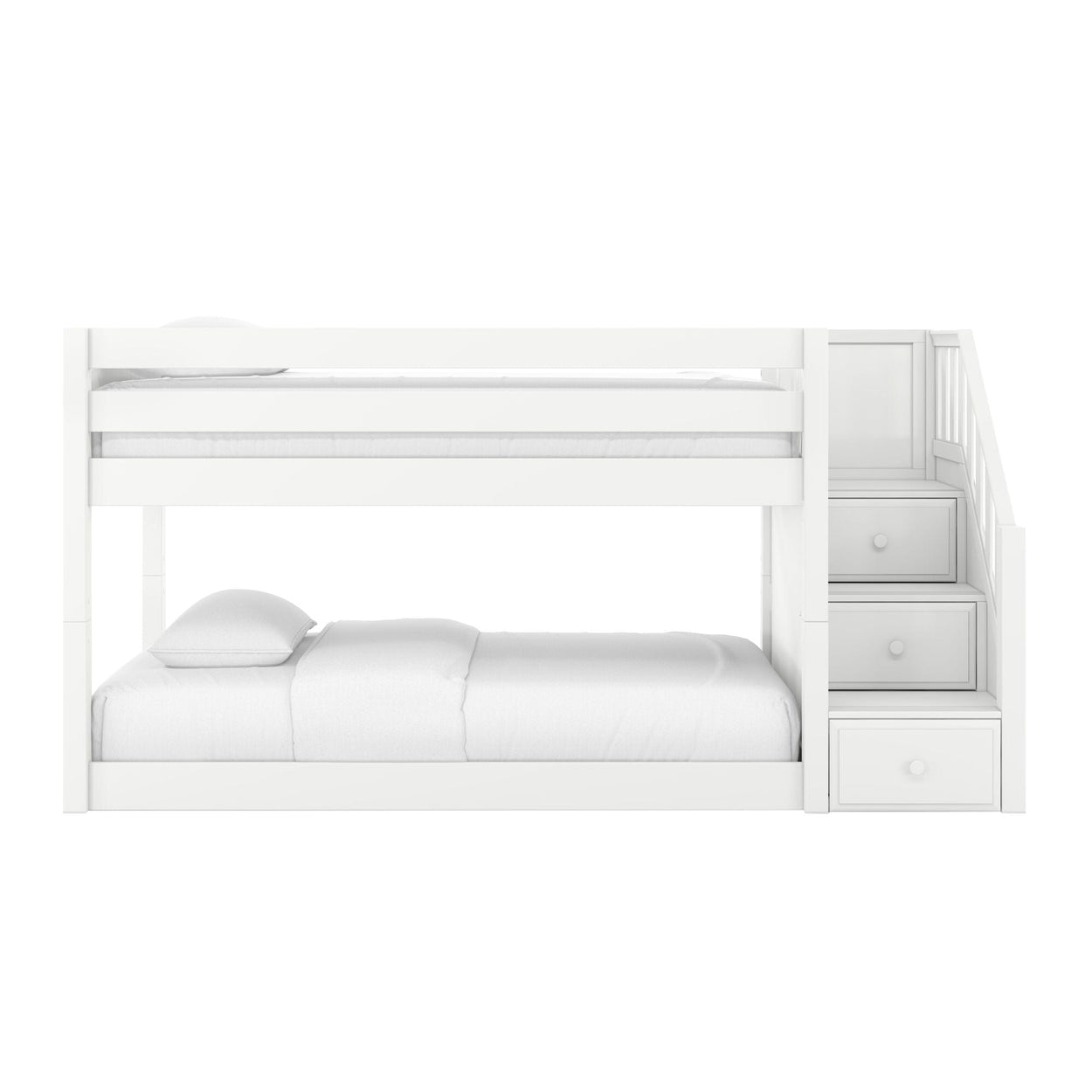 White twin-over-full bunk bed with built-in staircase drawers, full-size lower bed and minimalist white bedding for kids' bedroom