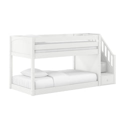 White twin-over-full wooden bunk bed with staircase storage drawers, space-saving modern kids loft bed with guardrail and mattresses
