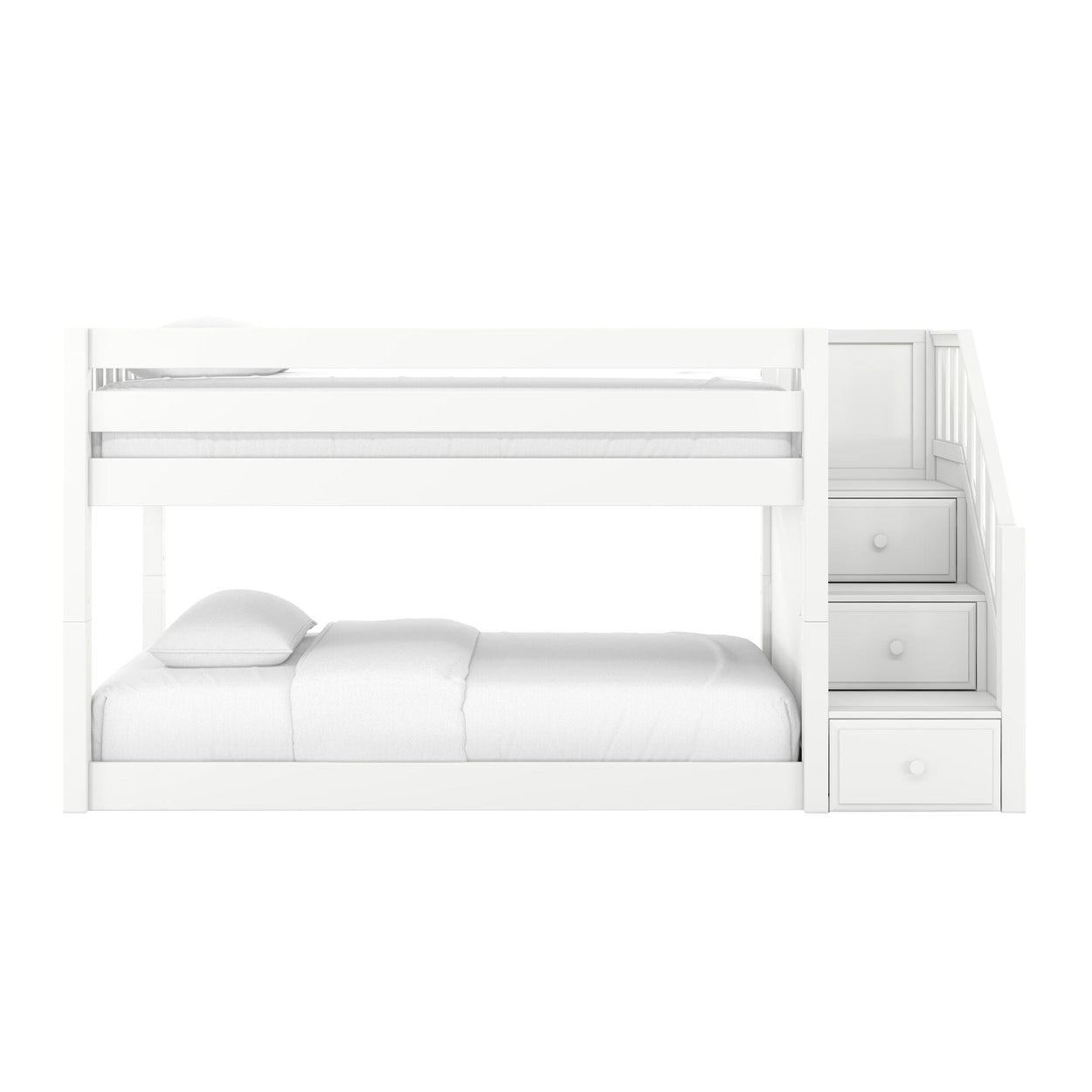 White wooden twin-over-full bunk bed with built-in staircase and storage drawers, mattress and pillow, modern kids' bedroom