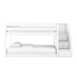 White wooden twin-over-full bunk bed with built-in staircase and storage drawers, mattress and pillow, modern kids' bedroom