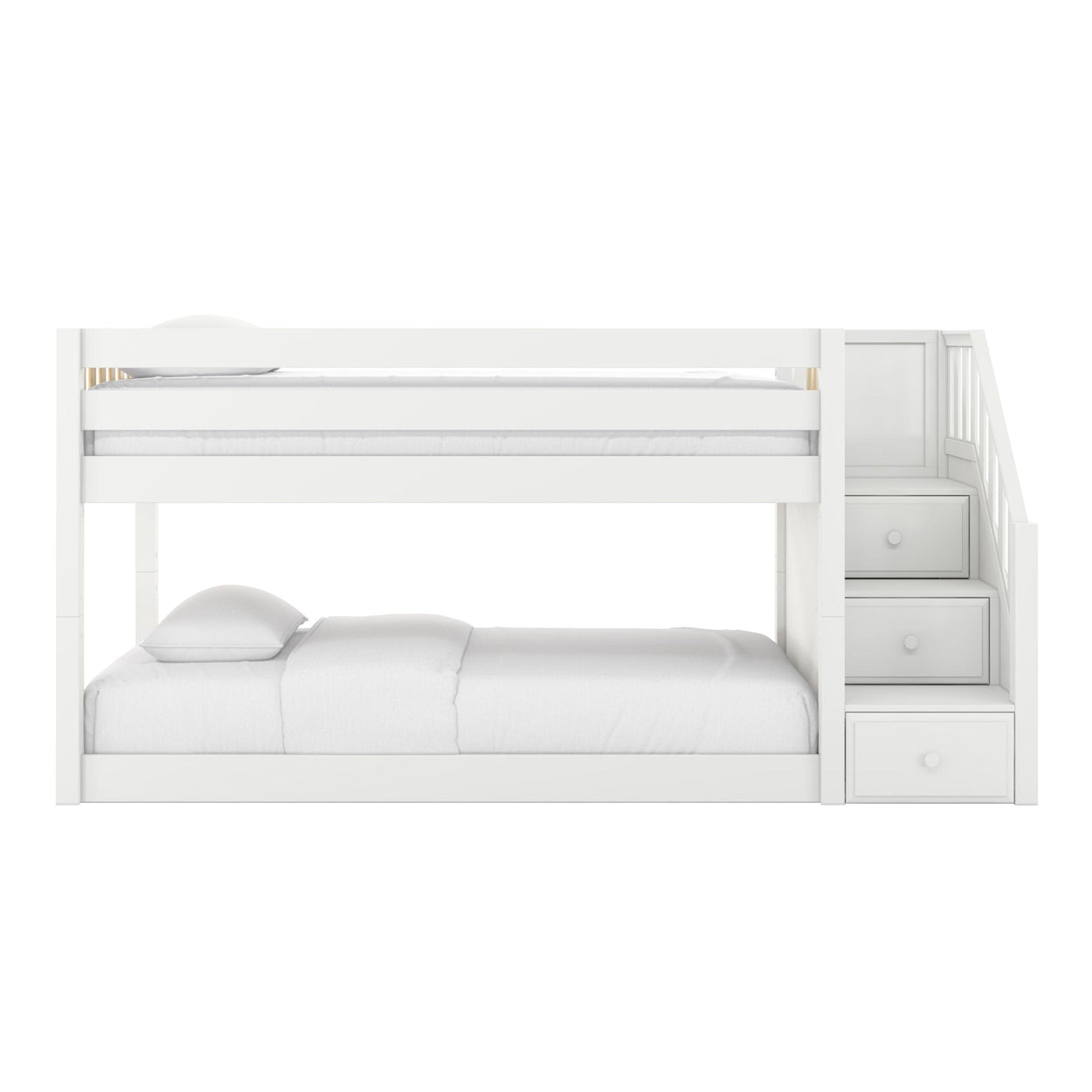 White bunk bed with built-in staircase storage drawers, modern wooden frame with top and bottom mattresses and white bedding