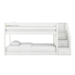 White bunk bed with built-in staircase storage drawers, modern wooden frame with top and bottom mattresses and white bedding