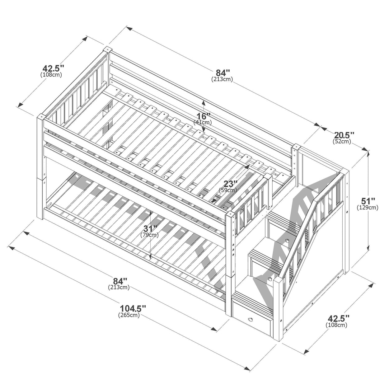 Technical drawing of a two-tier wooden bunk bed frame with slatted mattress platforms, guardrails, ladder and under-bed storage drawer, dimensions labeled 104.5 in (265 cm) × 84 in (213 cm) × 51 in (129 cm) — bunk bed frame dimensions and assembly diagram