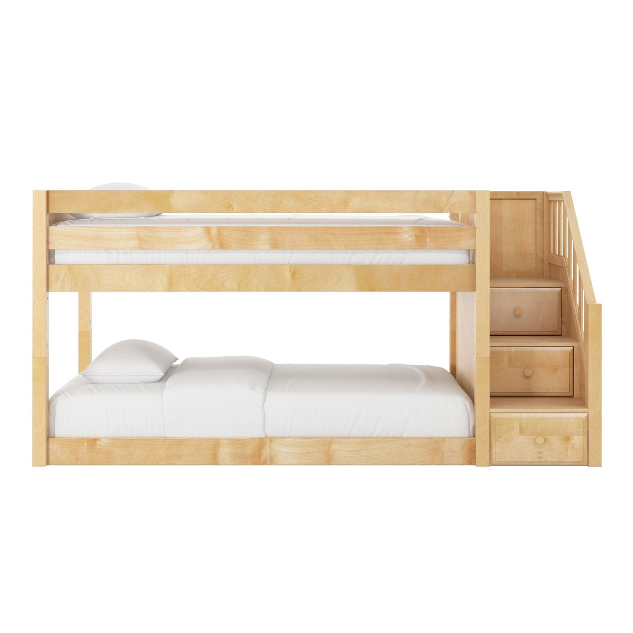 Natural maple wood twin-over-full bunk bed with built-in staircase and drawers, white mattress and pillow, modern children's bedroom furniture