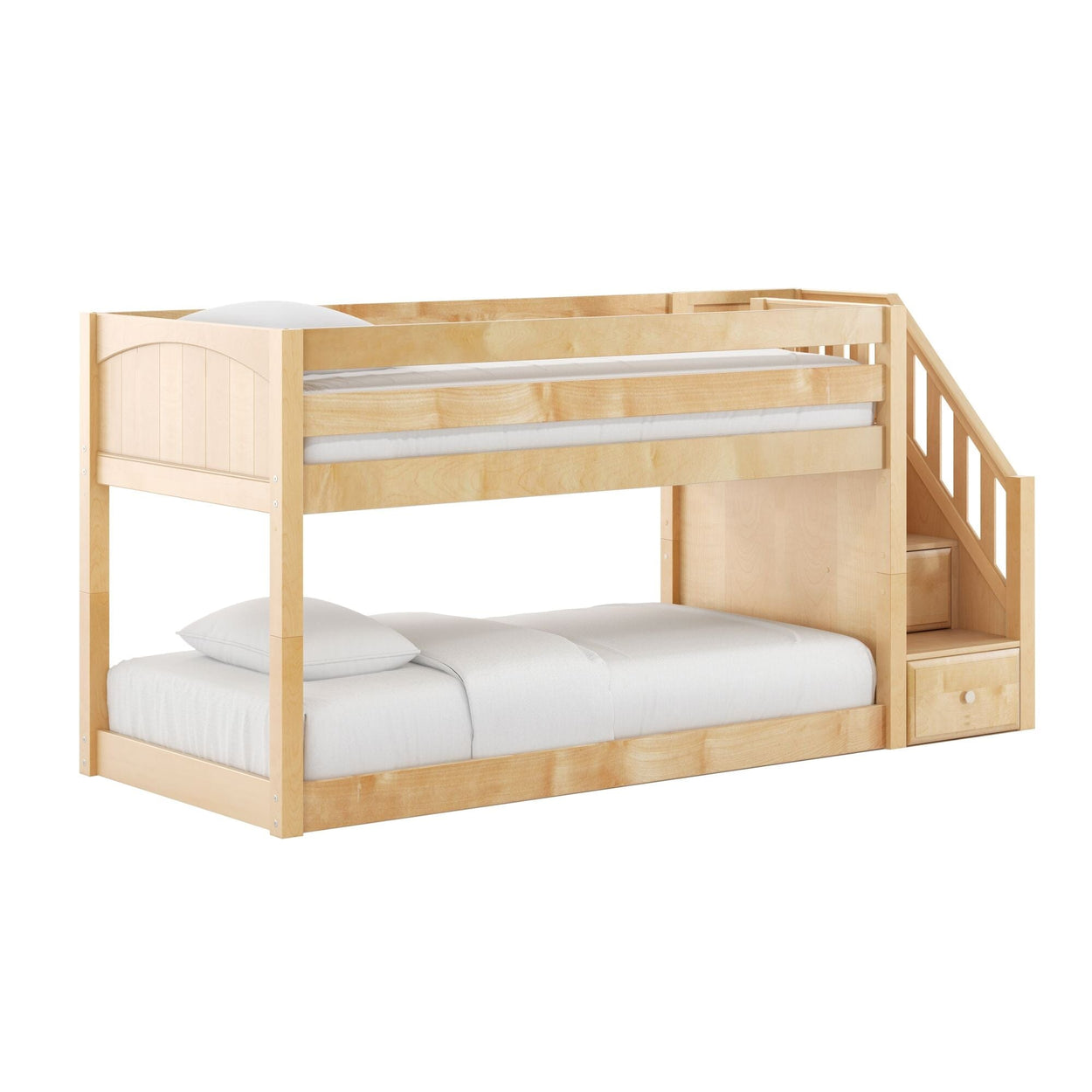 Light natural wood loft bunk bed with built-in staircase and storage drawers, twin-over-full with white mattress and pillows