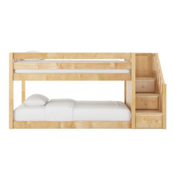 Natural wood twin-over-full bunk bed with built-in staircase and drawers, maple finish and white bedding