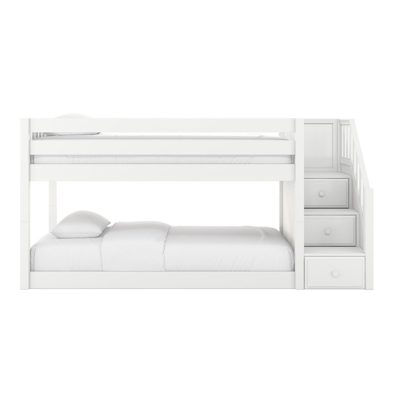 White wooden twin-over-full bunk bed with built-in staircase storage drawers, modern kids' loft bed with white mattress and bedding