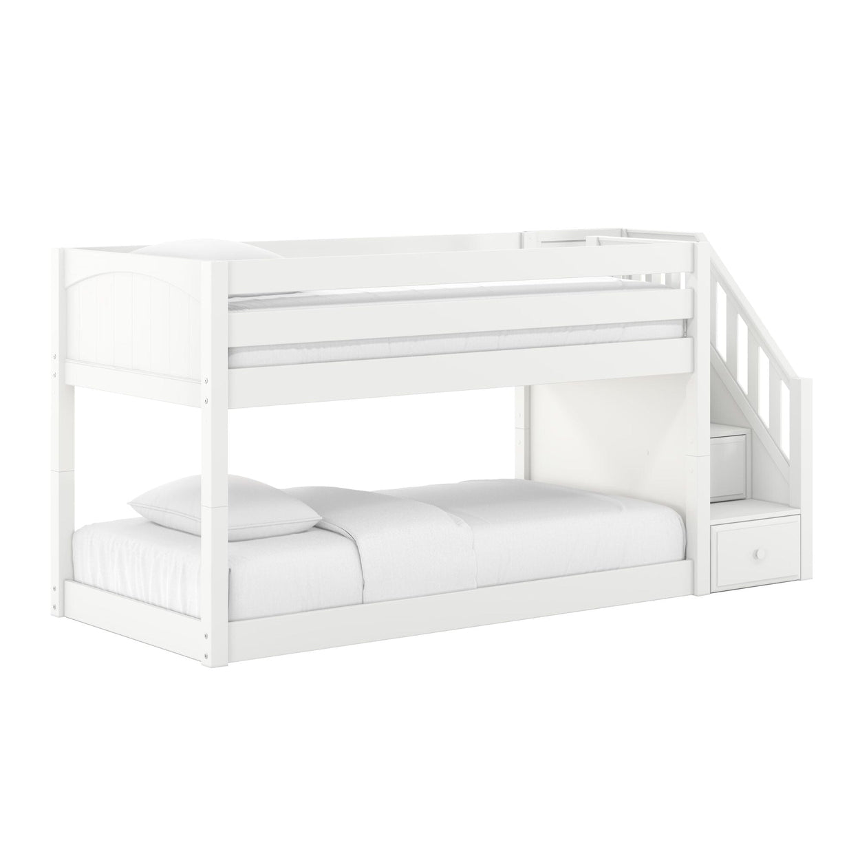 White wooden twin-over-full bunk bed with staircase, built-in storage drawers and guardrails — modern kids' loft bed