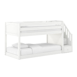 White wooden twin-over-full bunk bed with staircase, built-in storage drawers and guardrails — modern kids' loft bed