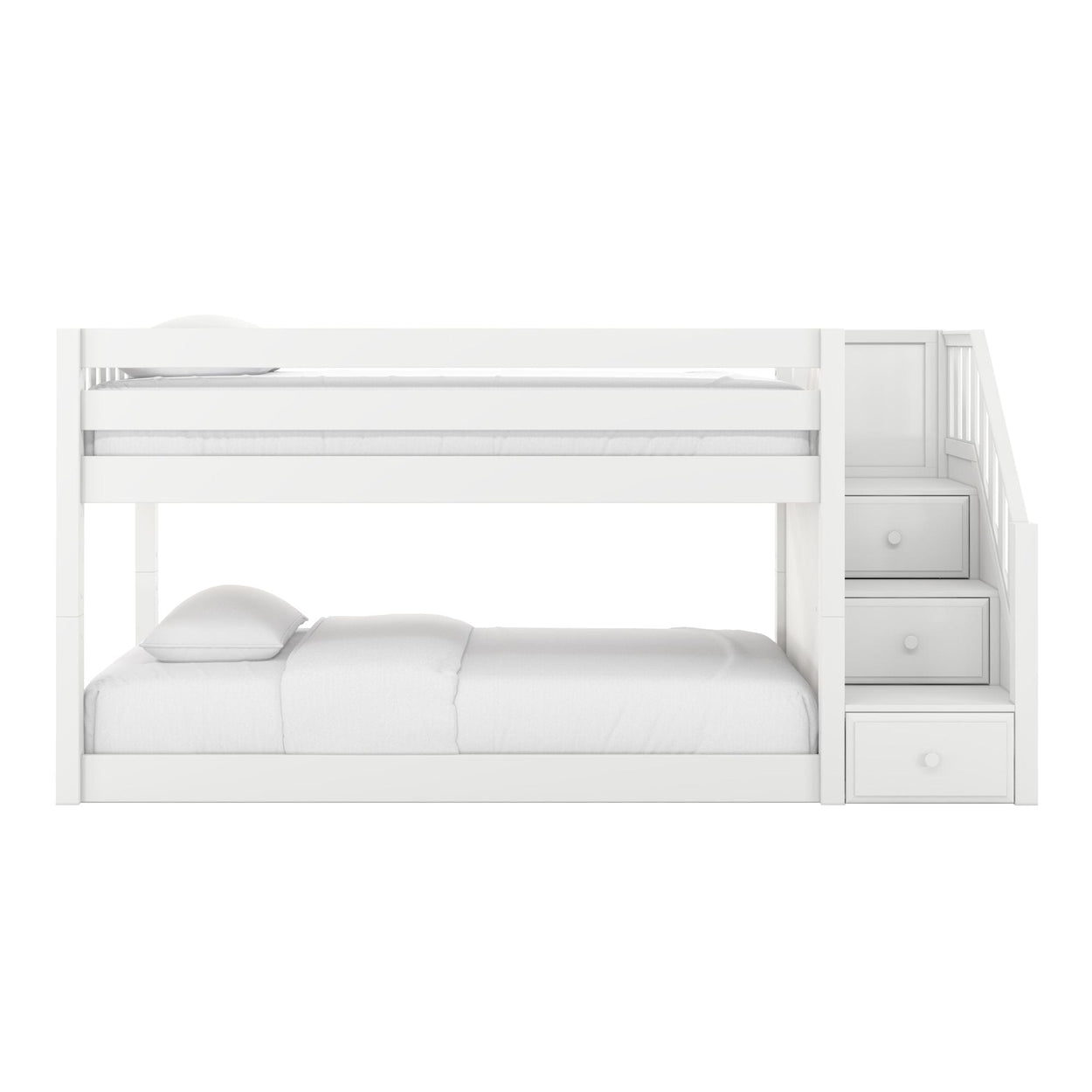 White wooden bunk bed with built-in storage stairs and drawers, twin-over-full modern kids' bunk with white bedding on white background