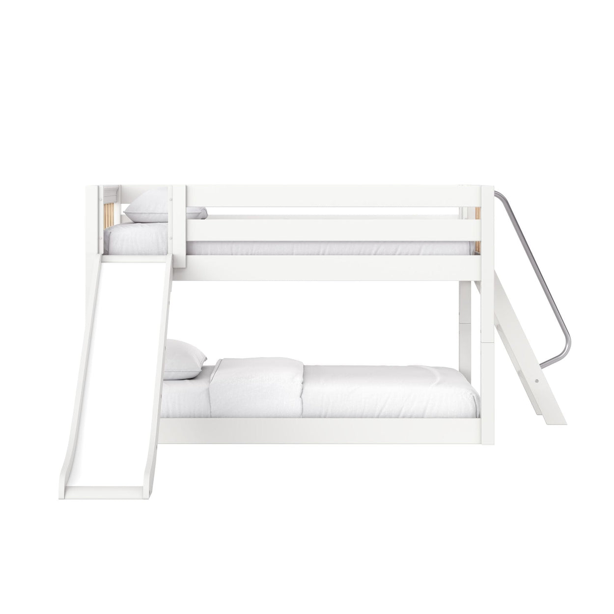 Modern white twin-over-full bunk bed with slide and ladder, wooden frame and white bedding for kids' bedroom