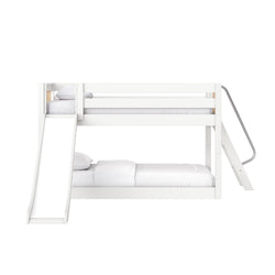 Modern white twin-over-full bunk bed with slide and ladder, wooden frame and white bedding for kids' bedroom