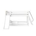White wooden loft bunk bed with slide and ladder, guardrails and white bedding — modern kids' bedroom furniture