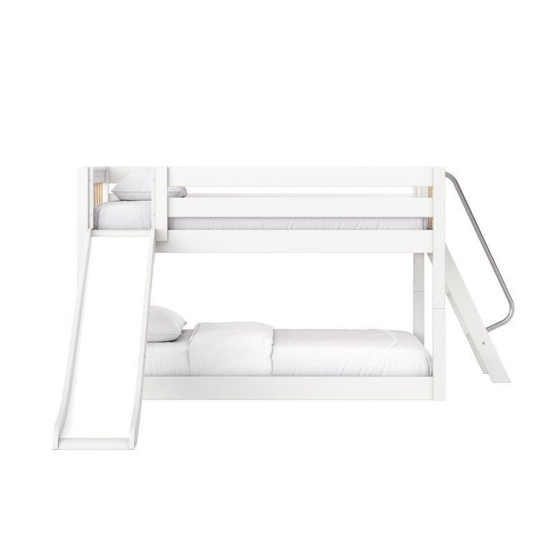 White wooden loft bunk bed with slide and ladder, guardrails and white bedding — modern kids' bedroom furniture