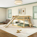 Children's bedroom with natural wood bunk bed and slide, green bedding and roman shades, framed wall art, ceiling light and wooden toy airplane