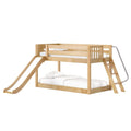 Natural maple wooden loft bunk bed with built-in slide and ladder, twin-over-twin configuration with white bedding for kids' bedroom