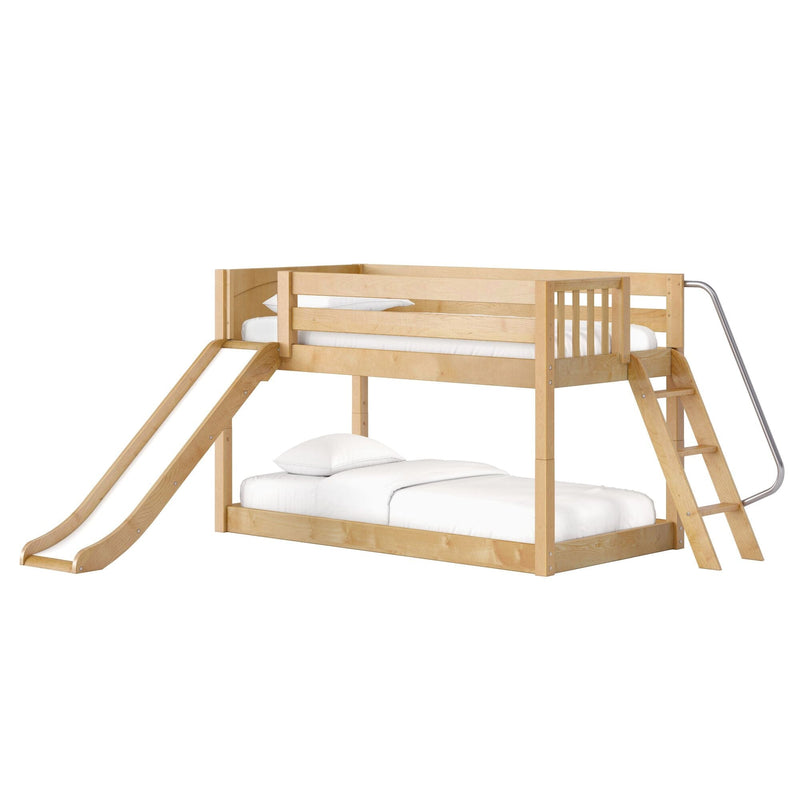 Natural maple wooden loft bunk bed with built-in slide and ladder, twin-over-twin configuration with white bedding for kids' bedroom