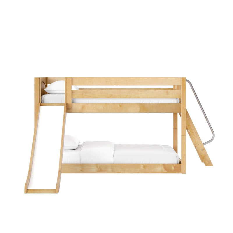 Light wood bunk bed with built-in ladder and slide, white bedding, modern kids' bedroom furniture