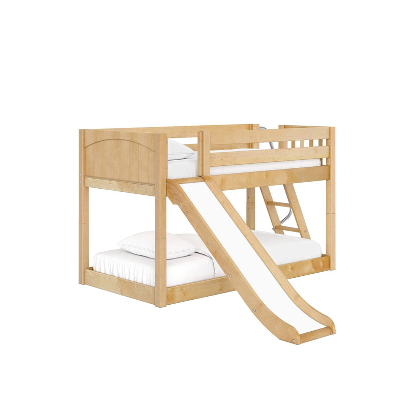 Natural maple twin-over-twin wooden bunk bed with integrated slide and ladder, white bedding for kids' bedroom