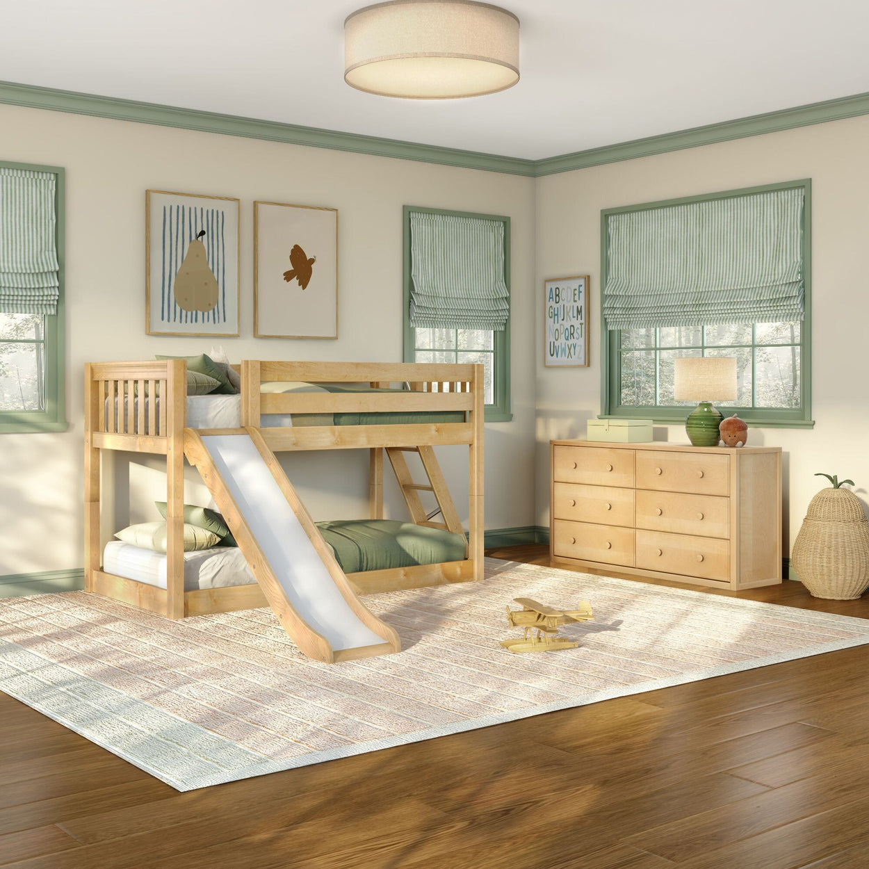 Sunlit children's bedroom featuring a natural wood bunk bed with slide, green-striped Roman shades, wooden dresser, cozy rug, and toy airplane