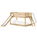 Kids loft bed with slide, solid natural wood twin-over-full bunk bed with ladder and safety guardrails, white bedding and maple finish