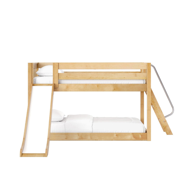 Light wood bunk bed with slide and ladder and white bedding, modern children's bedroom furniture