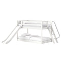 White wooden loft bunk bed with slide and ladder, twin-over-full style with white bedding for kids bedroom furniture