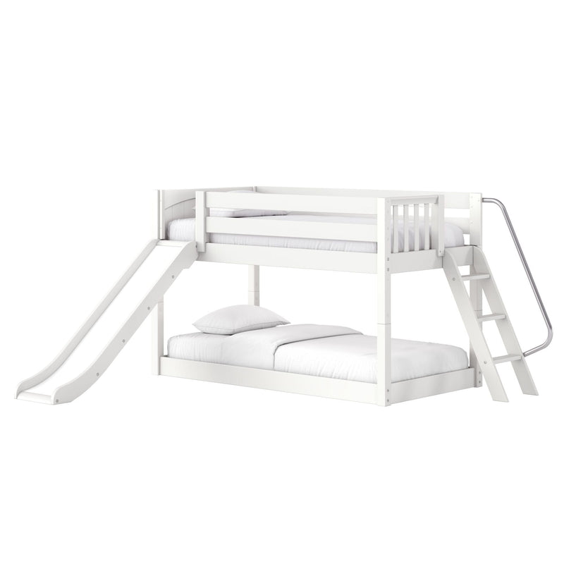 White wooden loft bunk bed with slide and ladder, twin-over-full style with white bedding for kids bedroom furniture